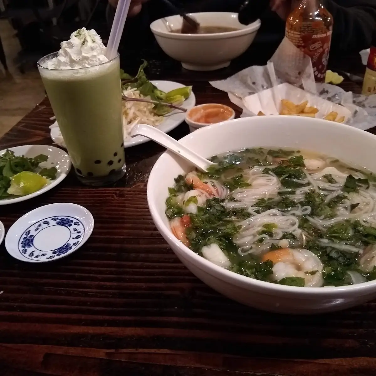 Shrimp Pho and Matcha Green Tea Latte with Boba