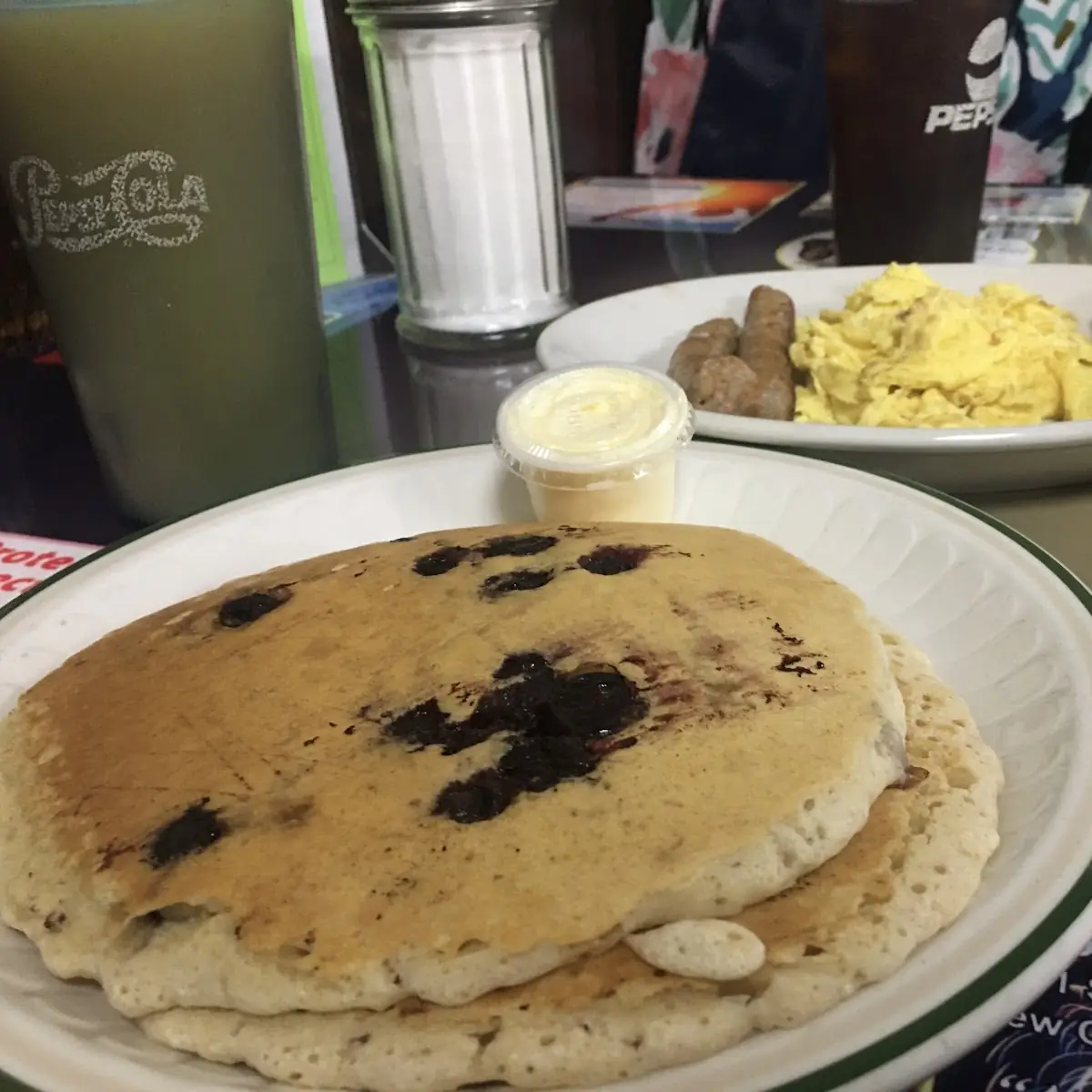 Blueberry Pancakes Sausage Links Scrambled Eggs