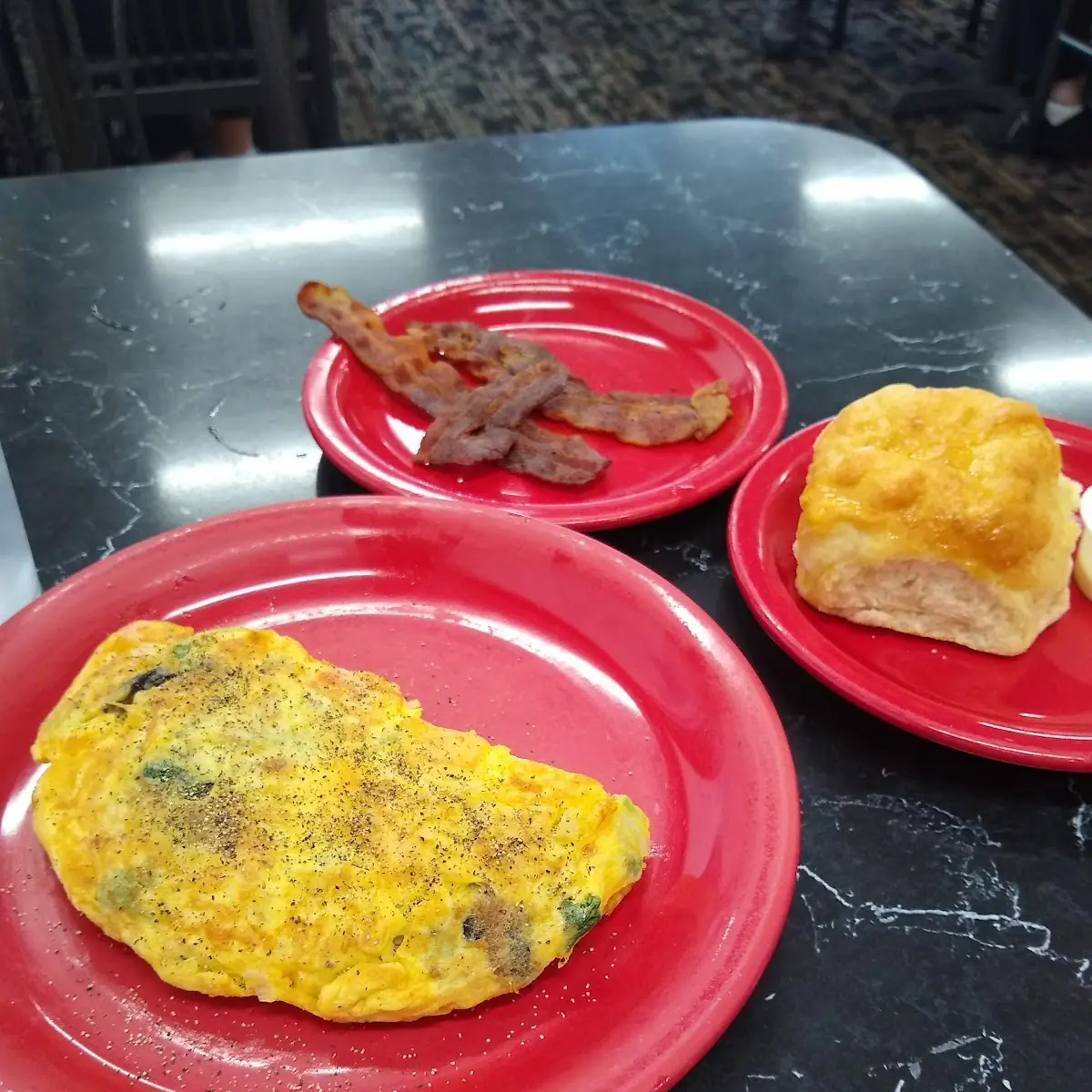 Veggie Omelette with Homemade Biscuit and Bacon