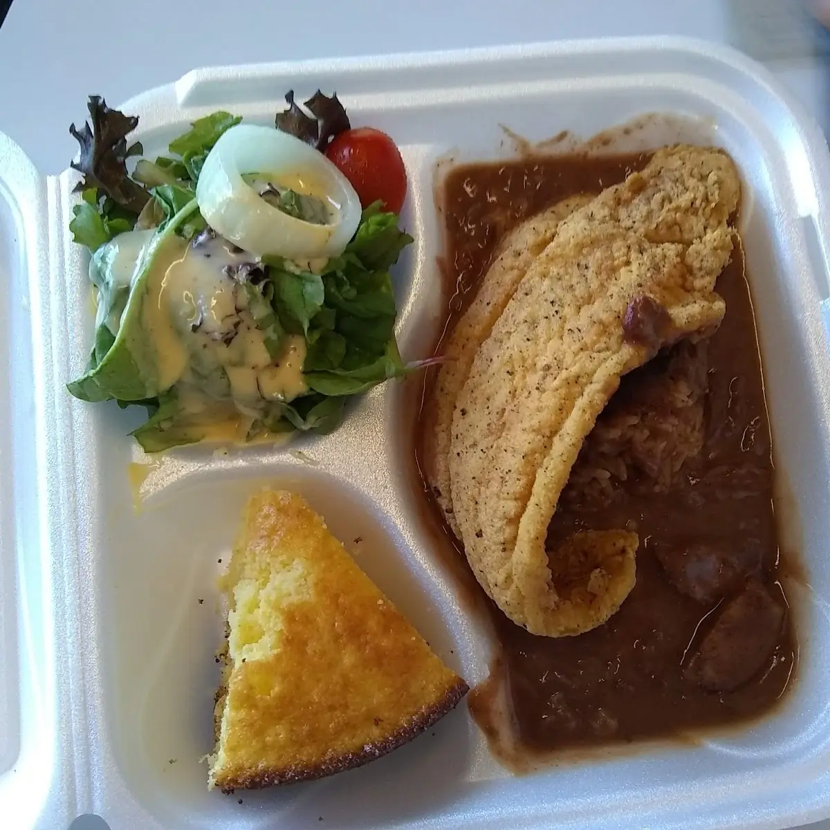 Fried Catfish Red Beans and Rice Cornbread Arugula Salad