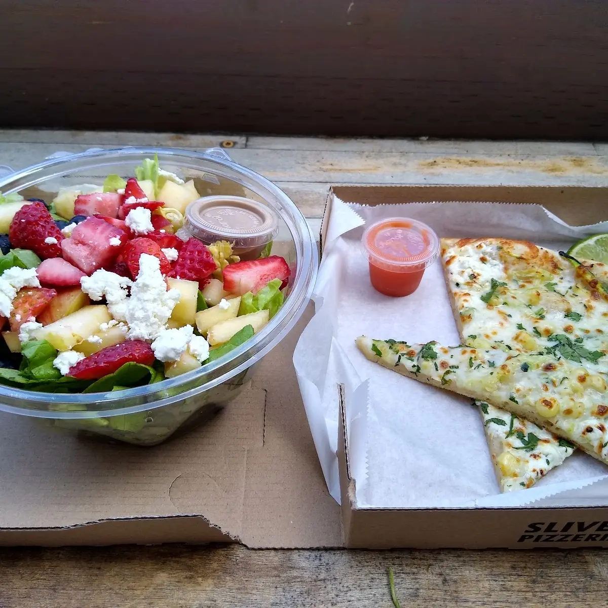 Pizza with Corn and Key Lime and Salad