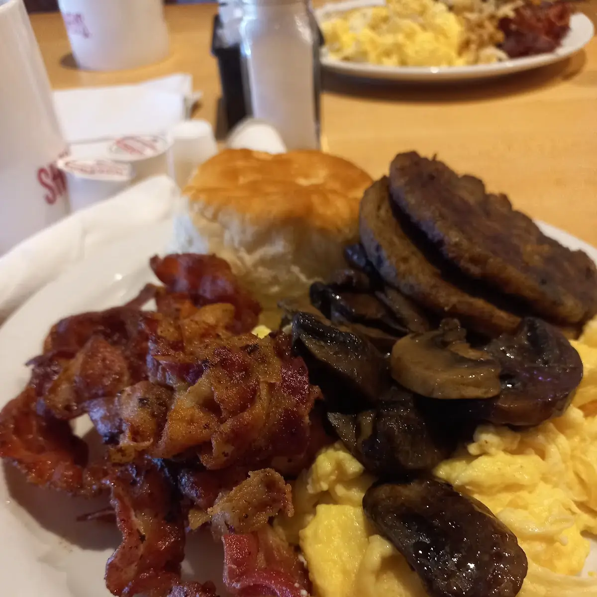 Bacon Sausage Patty and Scrambled Eggs