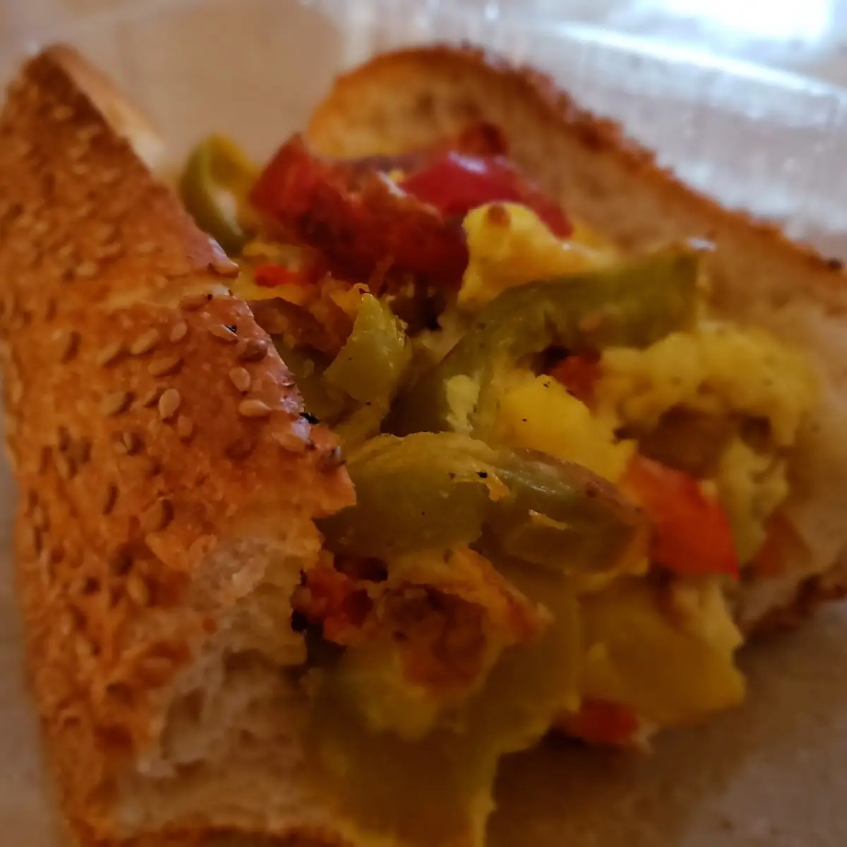 Fried Pepper Onion and Egg on a Sesame Seed Hero