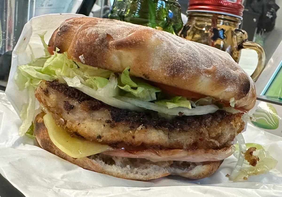 Chicken Schnitzel Burger with Bacon, Souvlaki Station