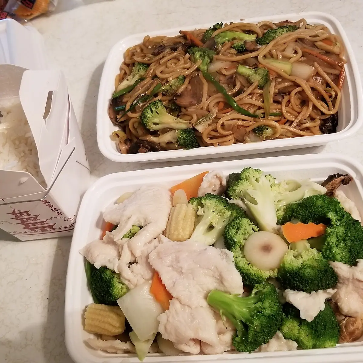 Vegetable Lo Mein and Steamed Chicken with Mixed Vegetables