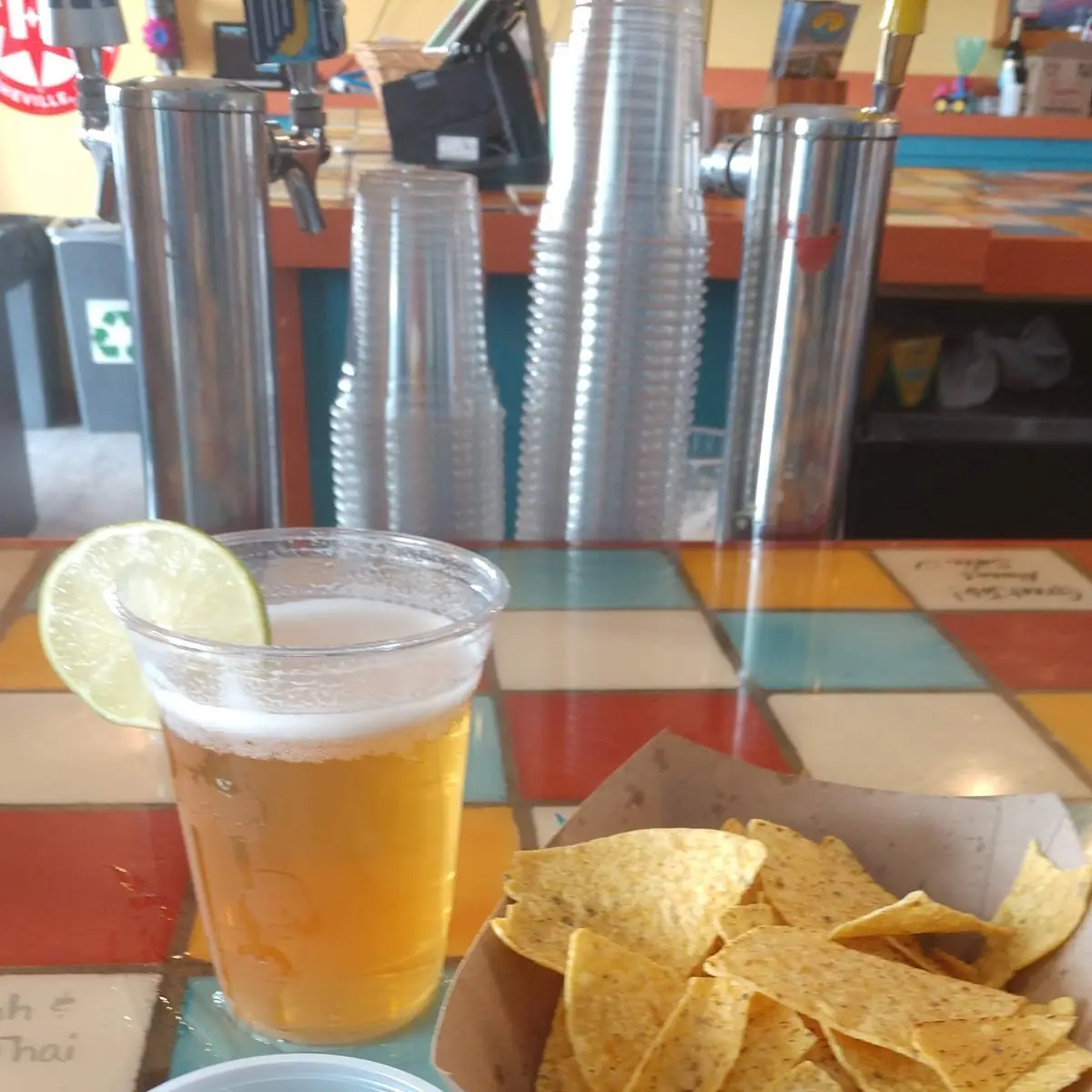 Tortilla Chips Salsa and a Brew