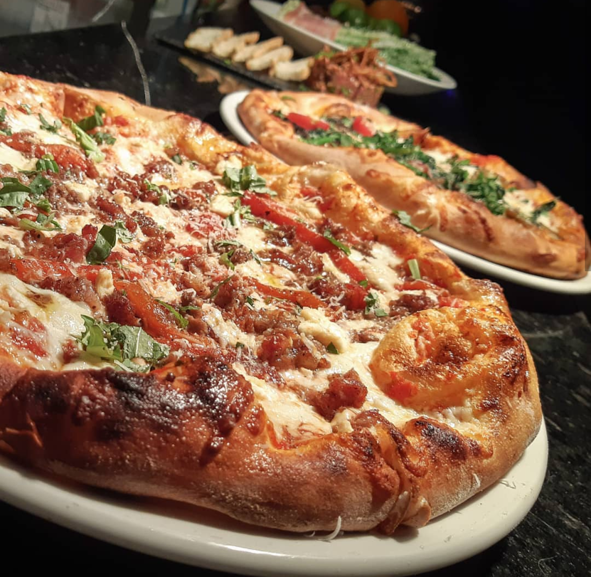 Pizza, Mirela's Steakhouse and Cigar Lounge