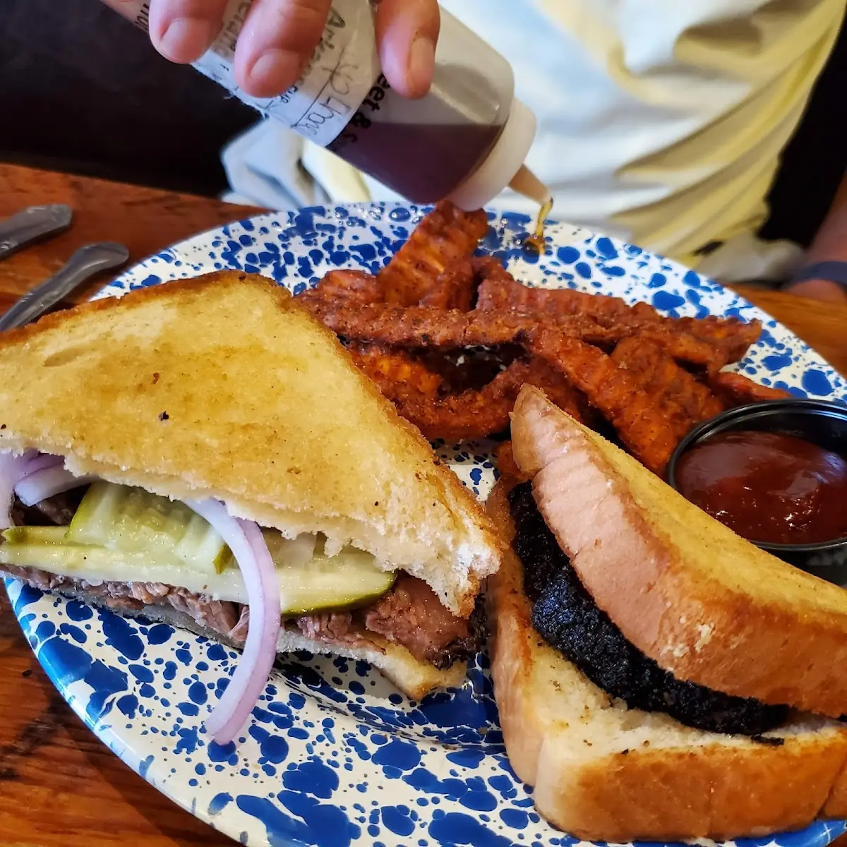 Brisket Sandwich and Onion Rings