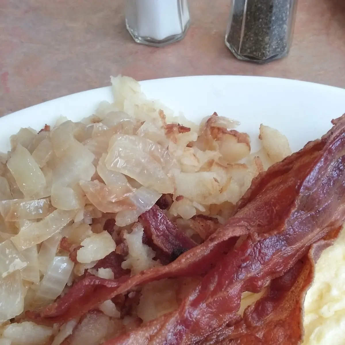 Scrambled Eggs Bacon Homefries with Onions