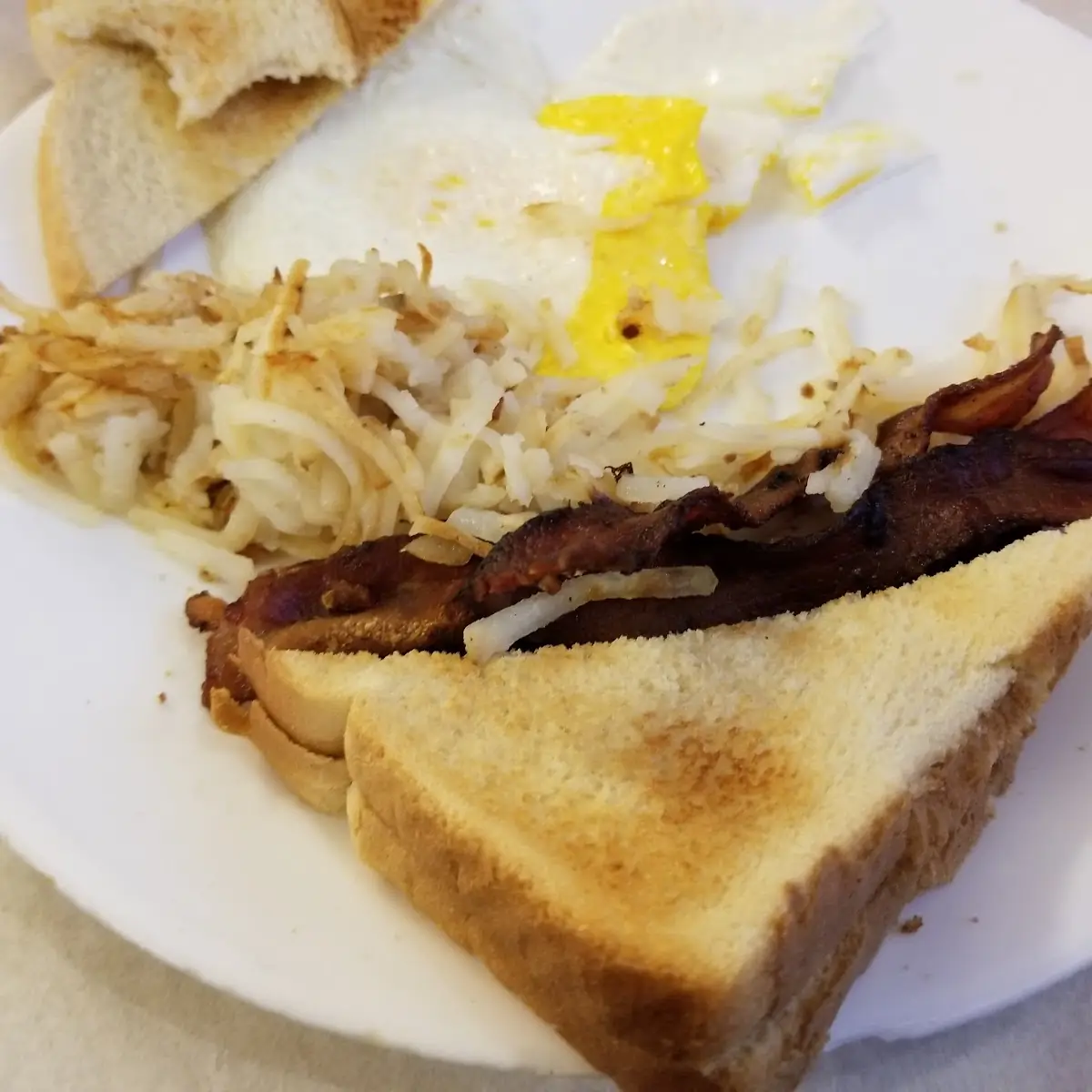 Fried Eggs Hash Browns Bacon and Toast