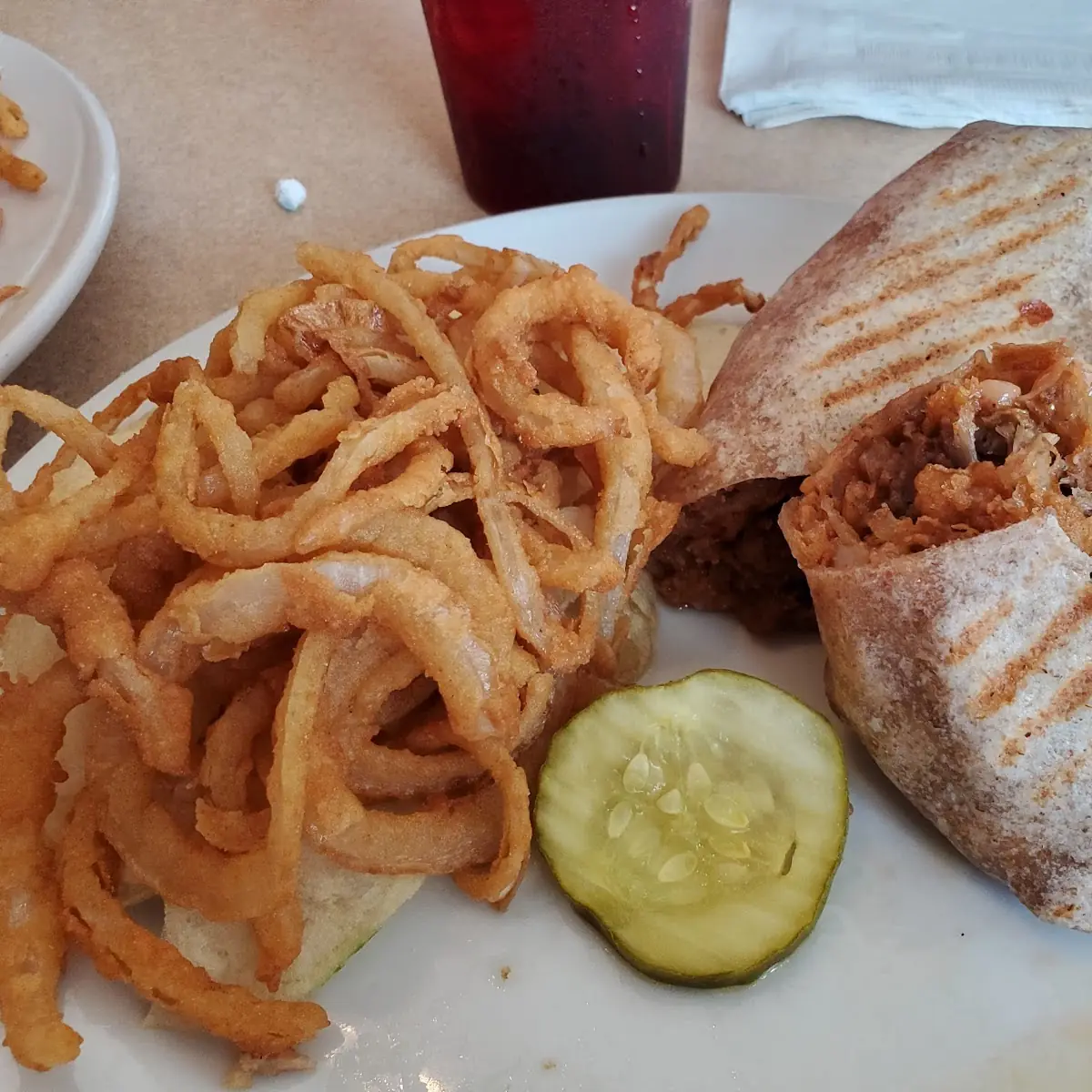 BBQ Pulled Pork Wrap w Onion Rings and American Cheese