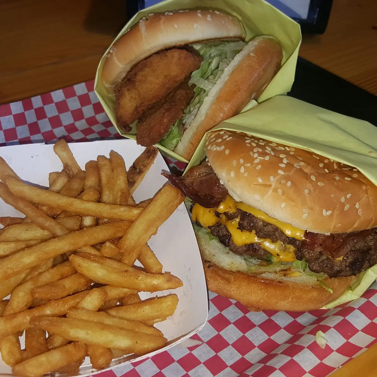 Double Cheeseburger Fish Sandwich and Fries