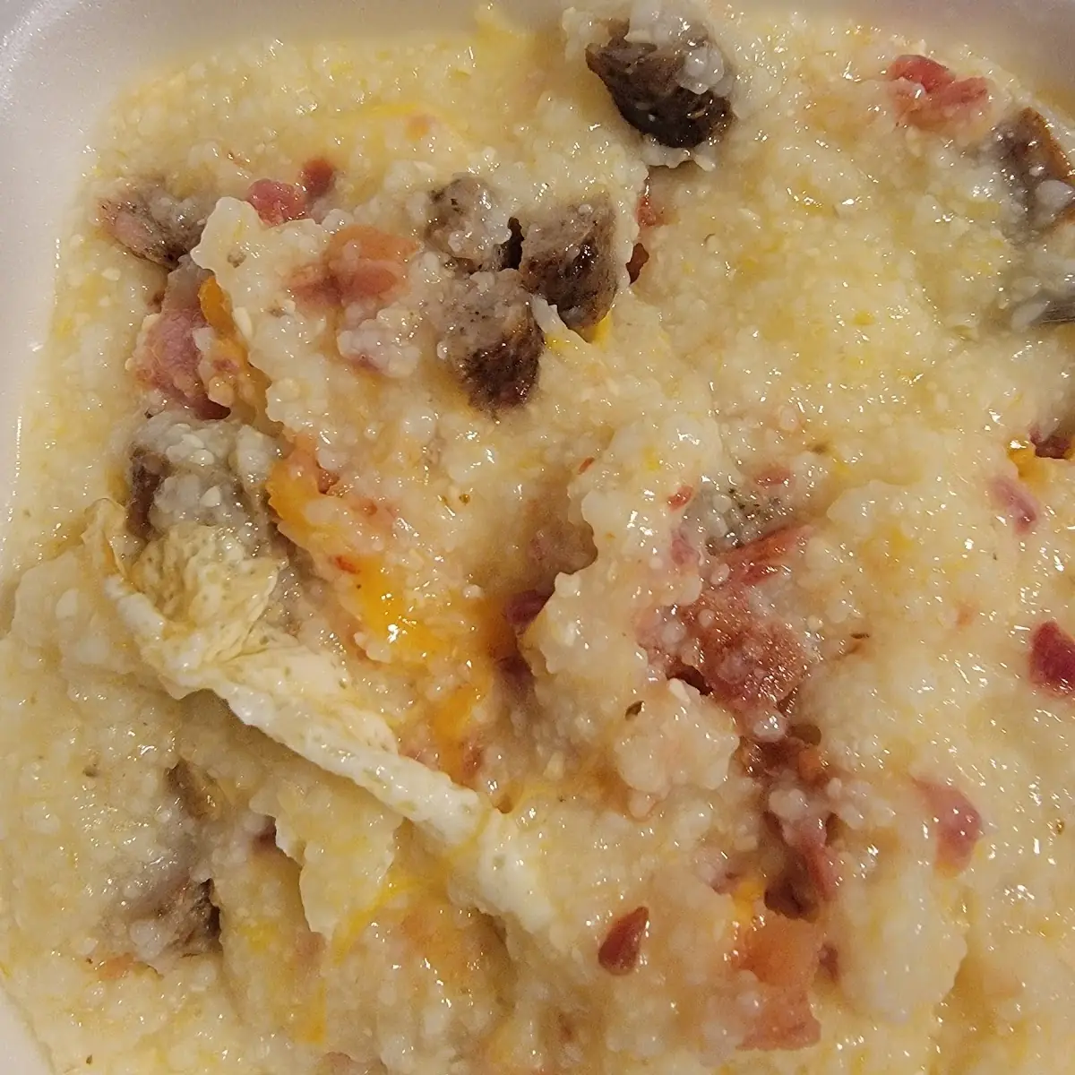 Breakfast Bowl Fried Egg Cheese Bacon Sausage Grits