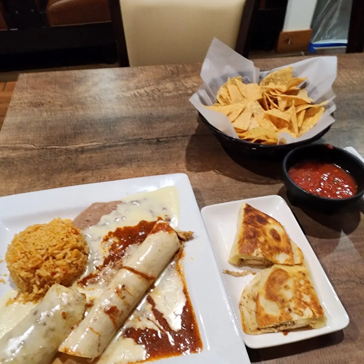 Beef Chimichanga with Rice Beans and Salad