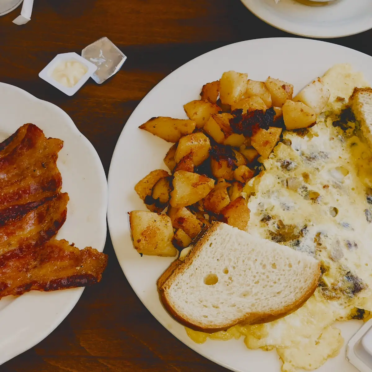 Steak and Cheese Omelet with Side of Bacon
