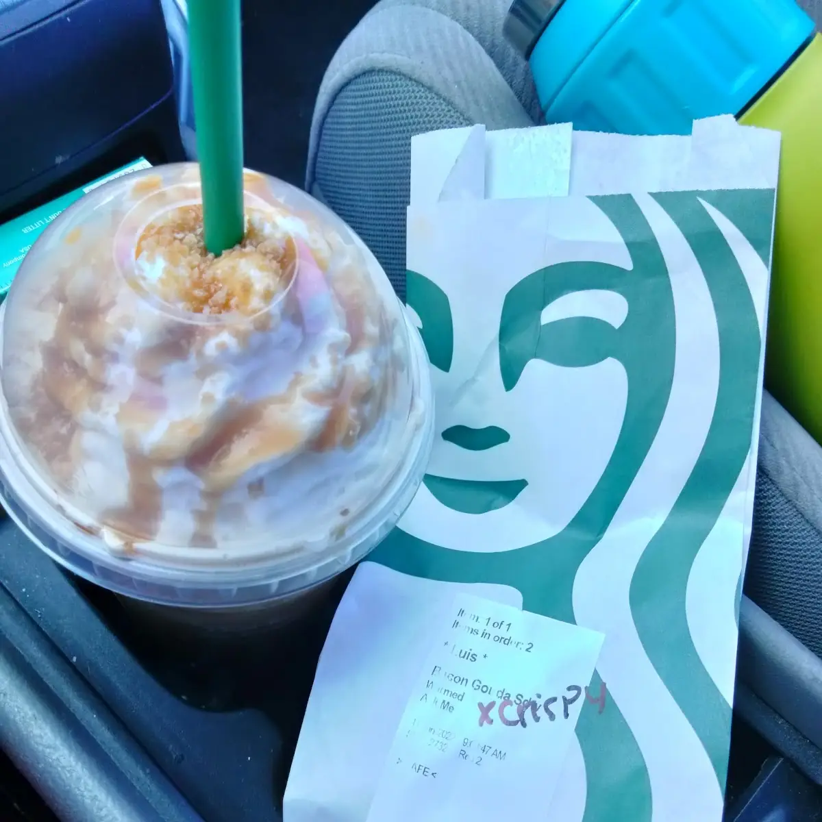 Caramel Crunch Frappuccino Blended Beverage and Bacon Egg and Gouda Sandwich