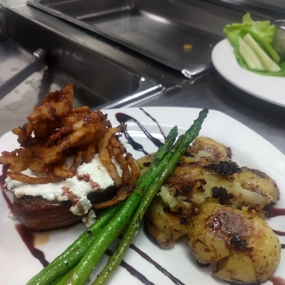 Bacon Wrapped Filet Goat Cheese Spicy Fried Onions Balsamic Vinaigrette
