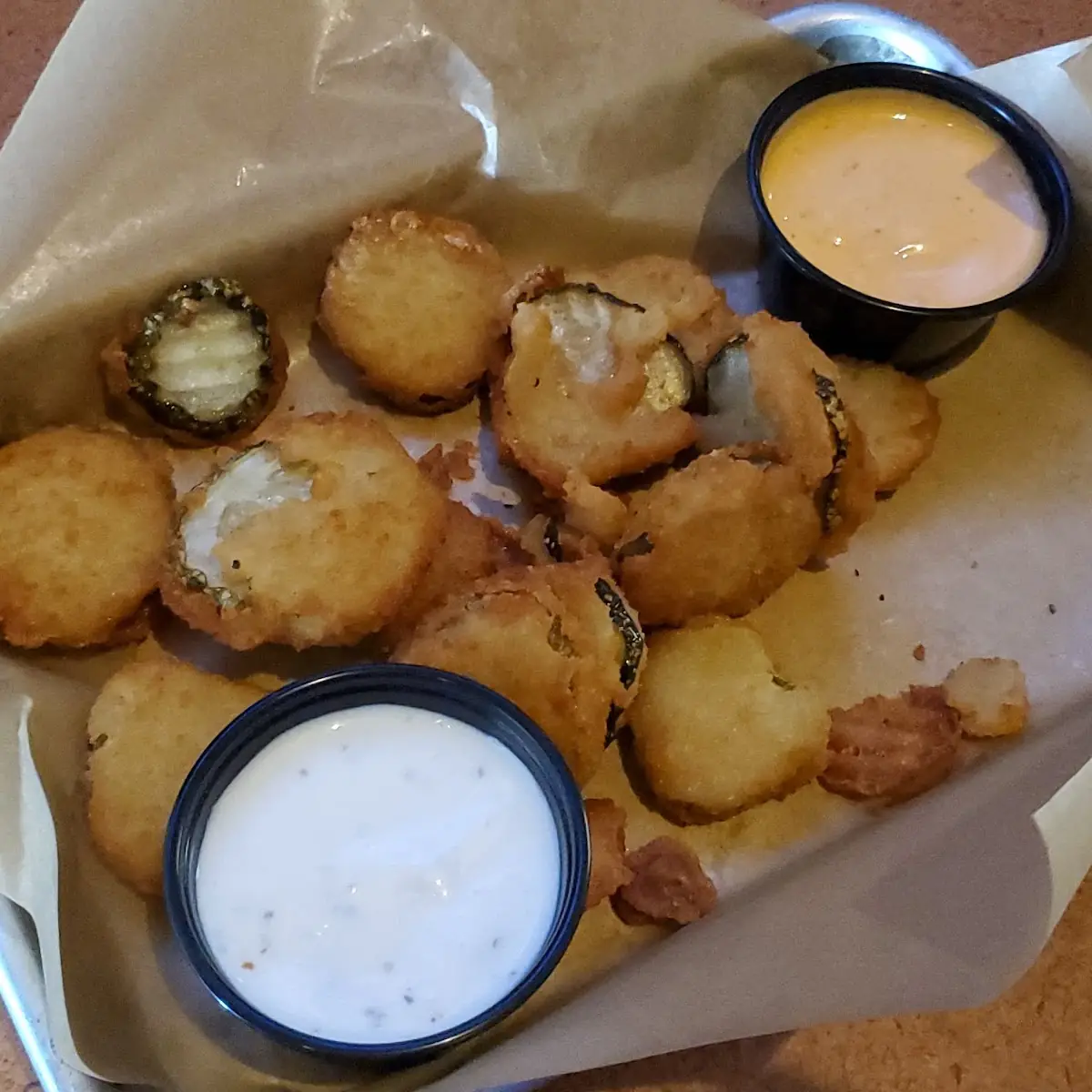 Fried Pickles with Ranch and Buffalo Sauce