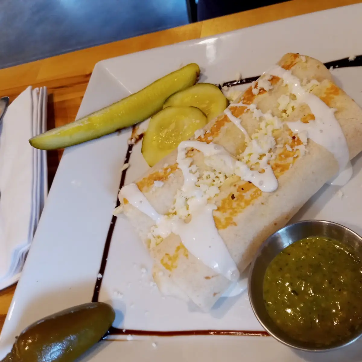 Torpedo Carnitas with Chips and Pickled Cucumbers with the Balsamic Glaze Trim
