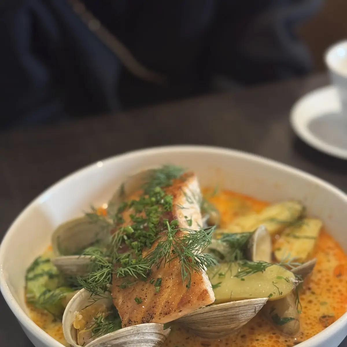 Bouillabaisse of Atlantic Salmon Poached Tiger Shrimp Mussels Saffron Cream, Treadwell Cuisine