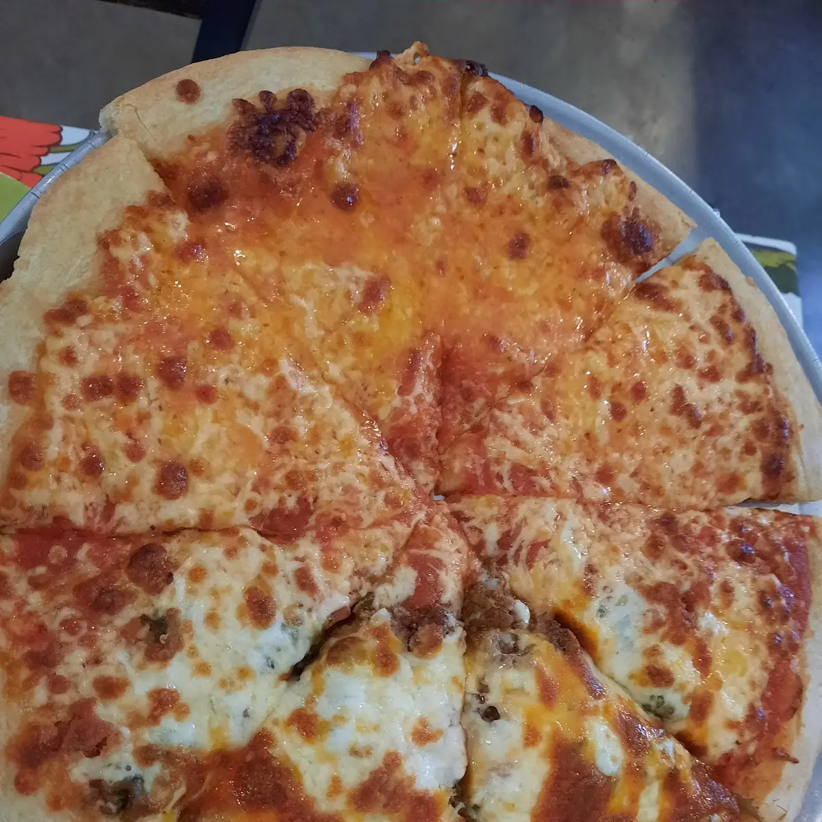 Green Chili Bacon Cheeseburger and Half Cheese Pizza
