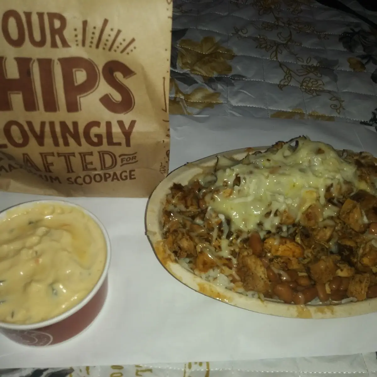 Chicken Bowl and Queso and Chips