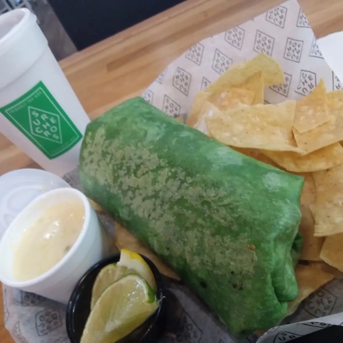 Sucheros Burrito with Chips and Queso Dip