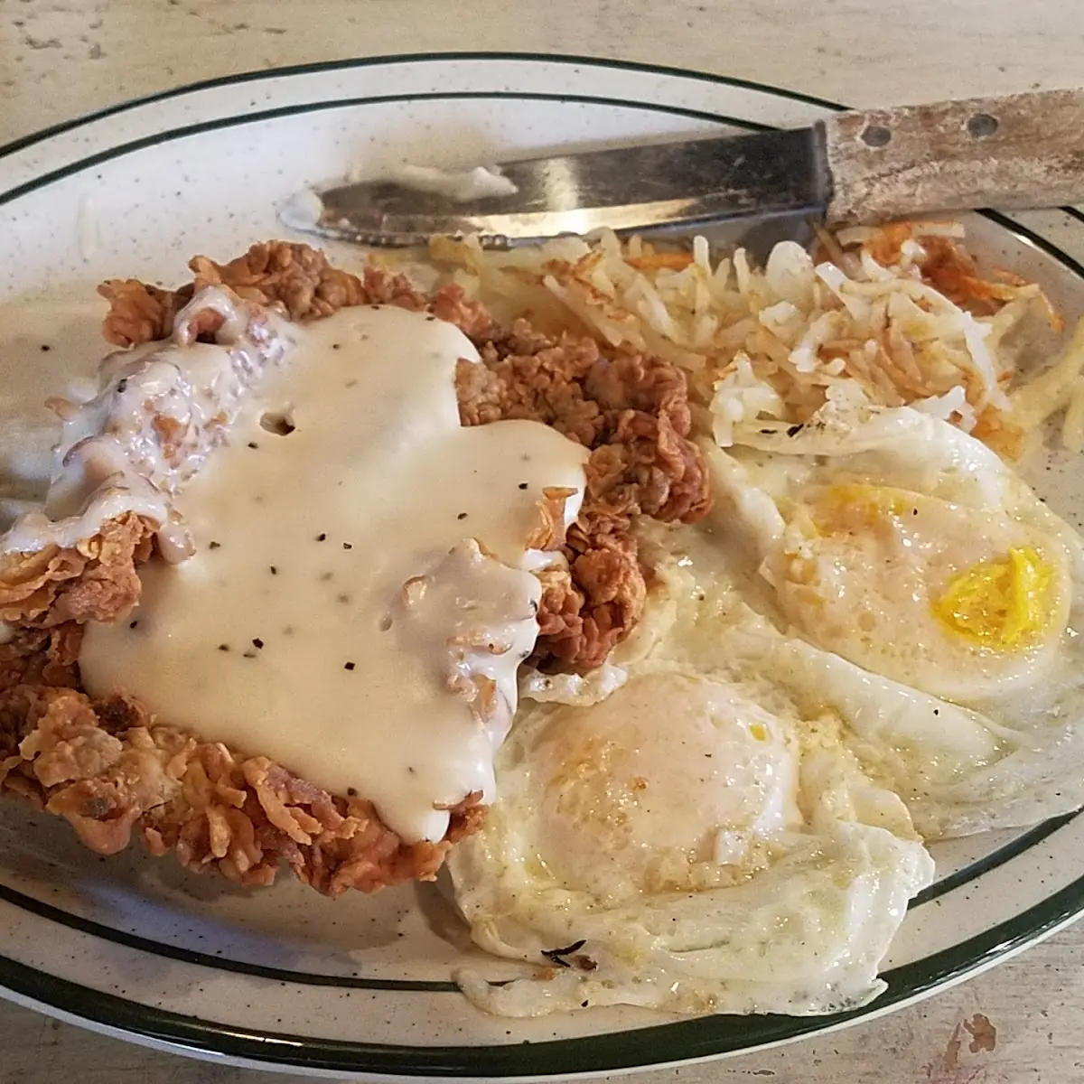 Chicken Fried Steak Eggs and Hash Browns