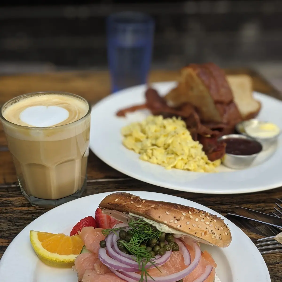 Lox Bagel Sandwich and Breakfast Scrambled Eggs
