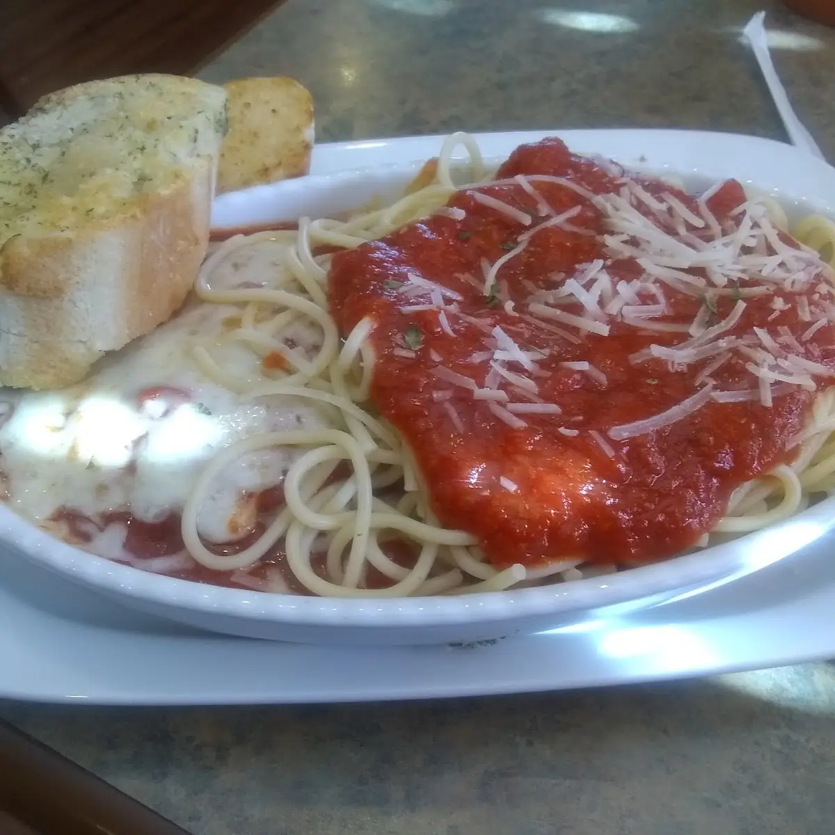 Chicken Parmesan with Spaghetti and Garlic Bread
