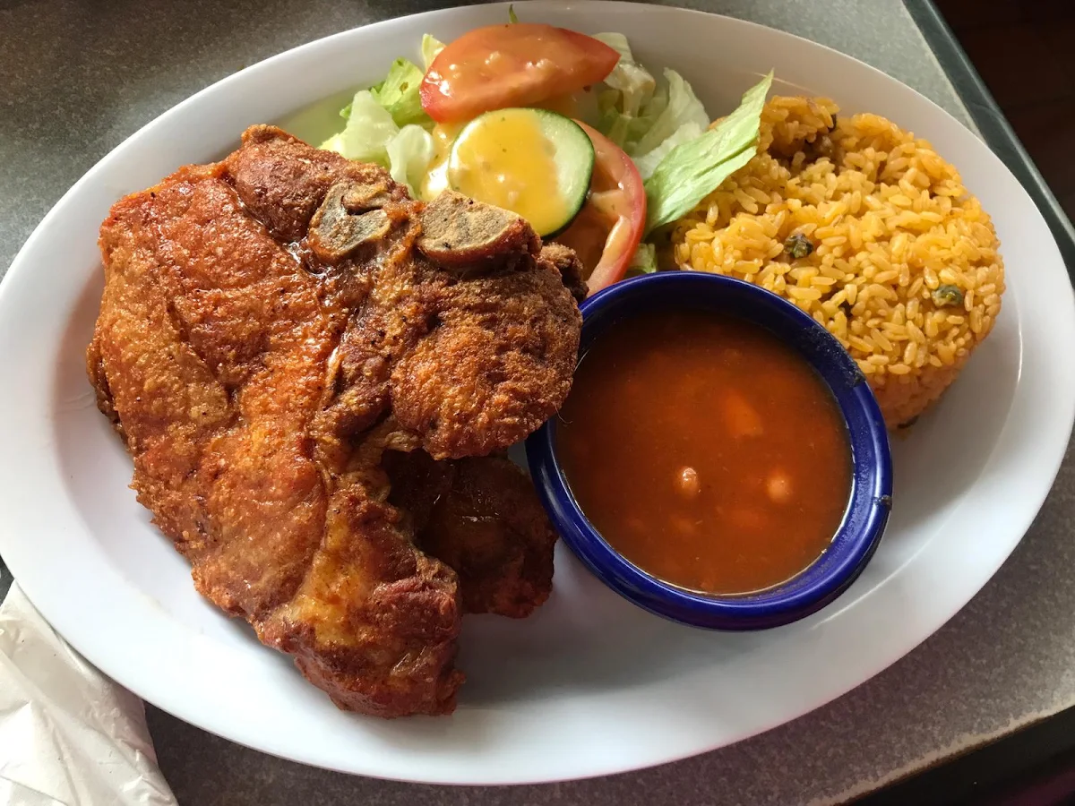 One Fried Pork Chop with Rice & Beans