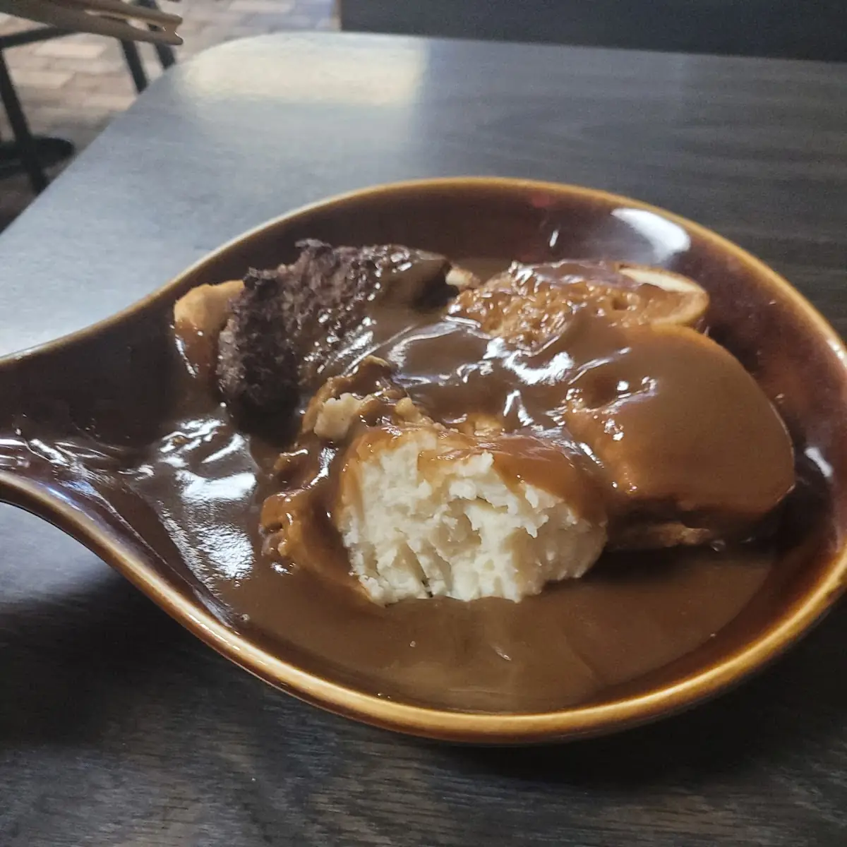 Burger and Mashed Potatoes and Gravy