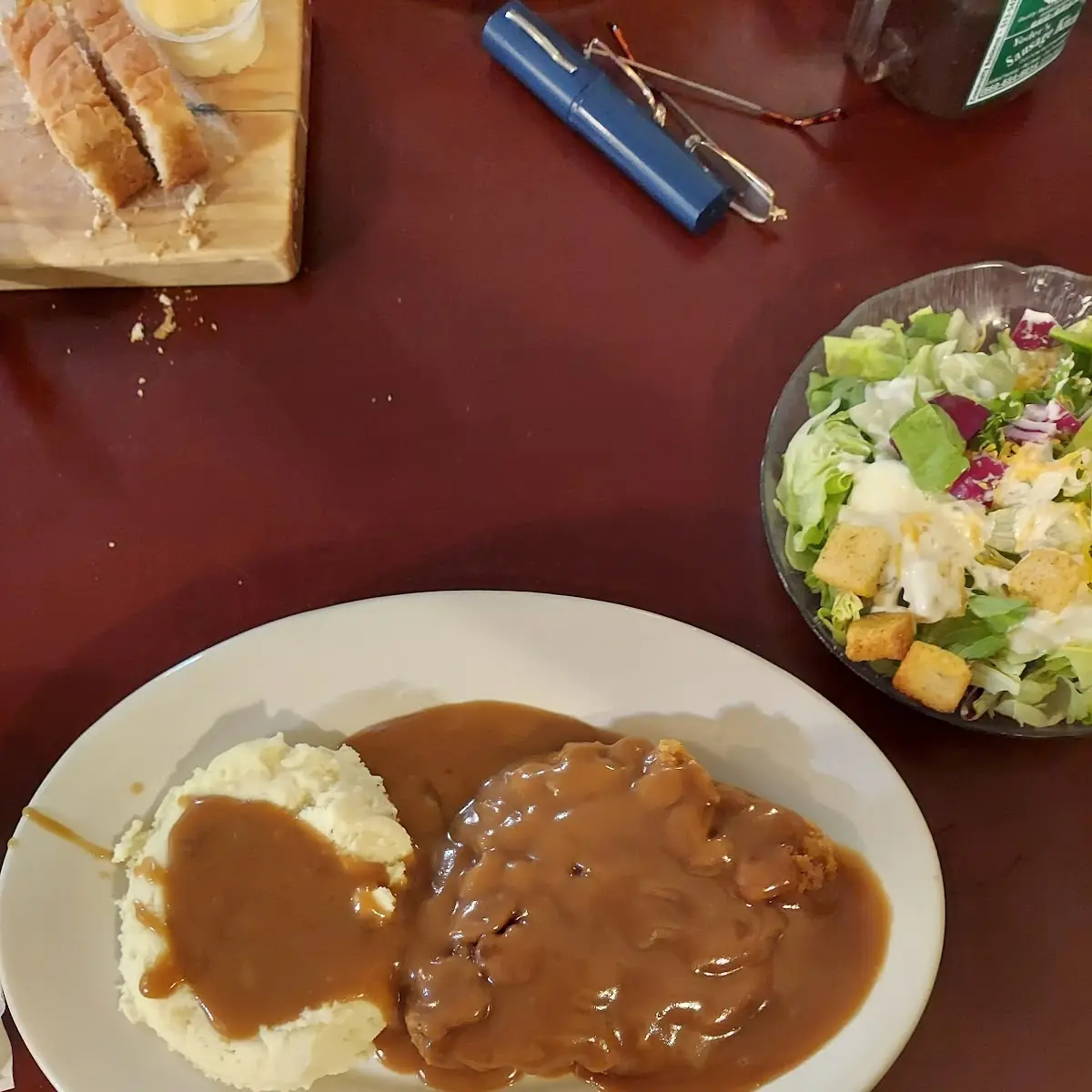 Chicken Fried Steak with Mashed Potatoes and Brown Gravy All Over