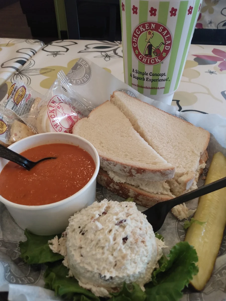 Dixie Chick Chicken Salad on White Bread Served with Tomato Basil Soup