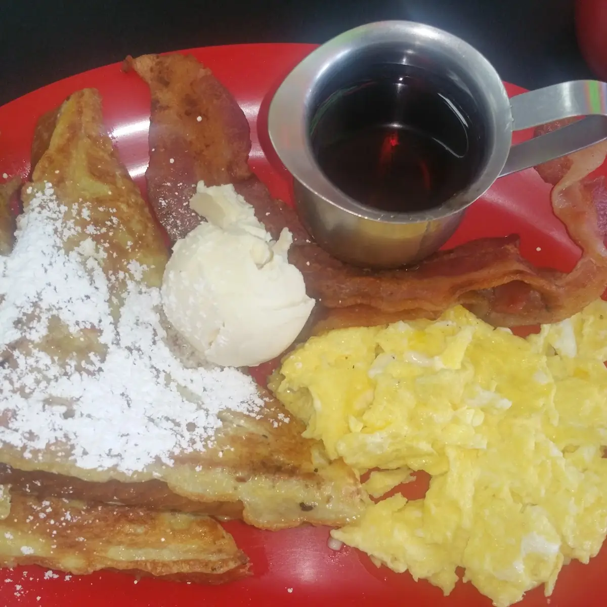 French Toast Scrambled Eggs with Bacon and Coffee