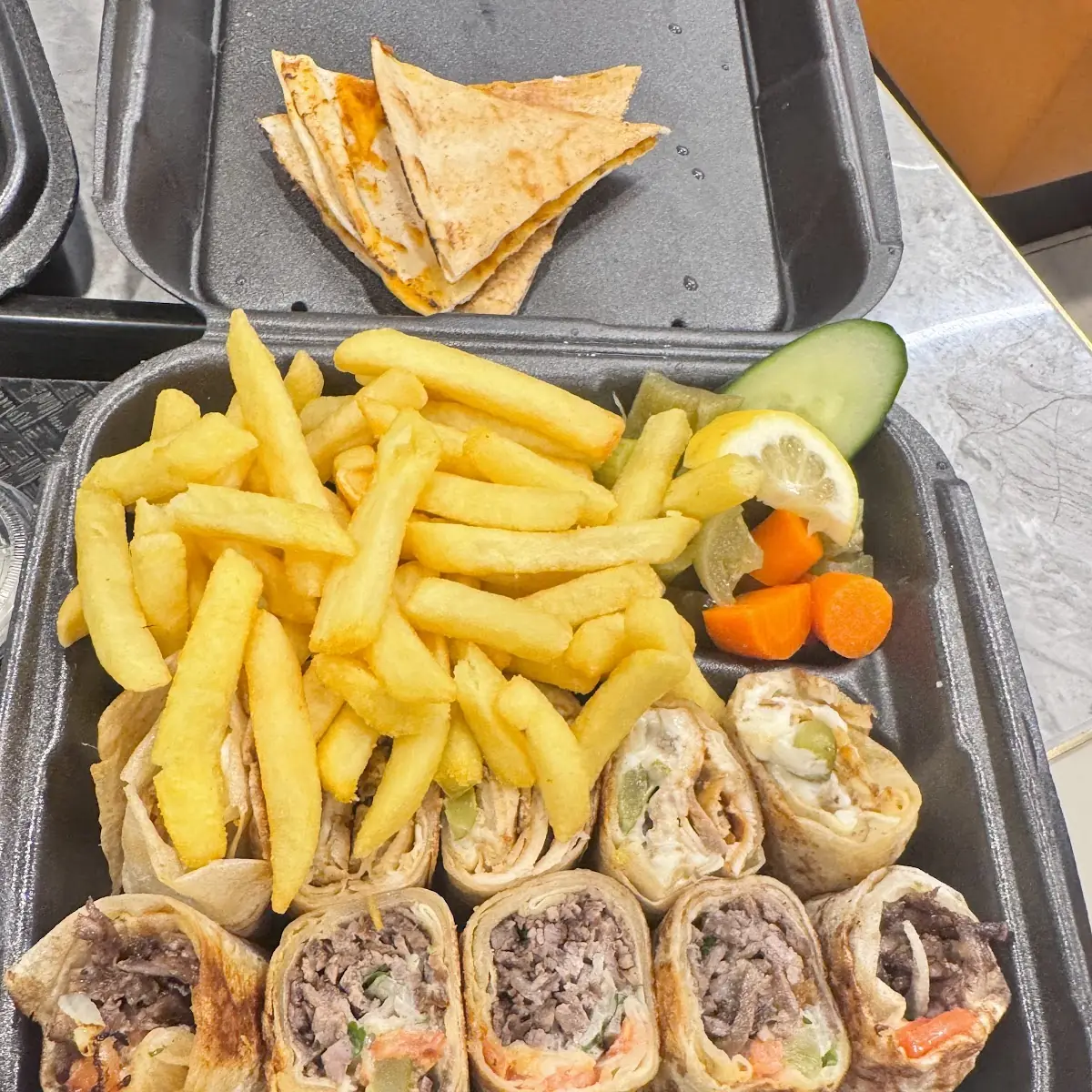 Shawarma Platter with Fries and Pickles