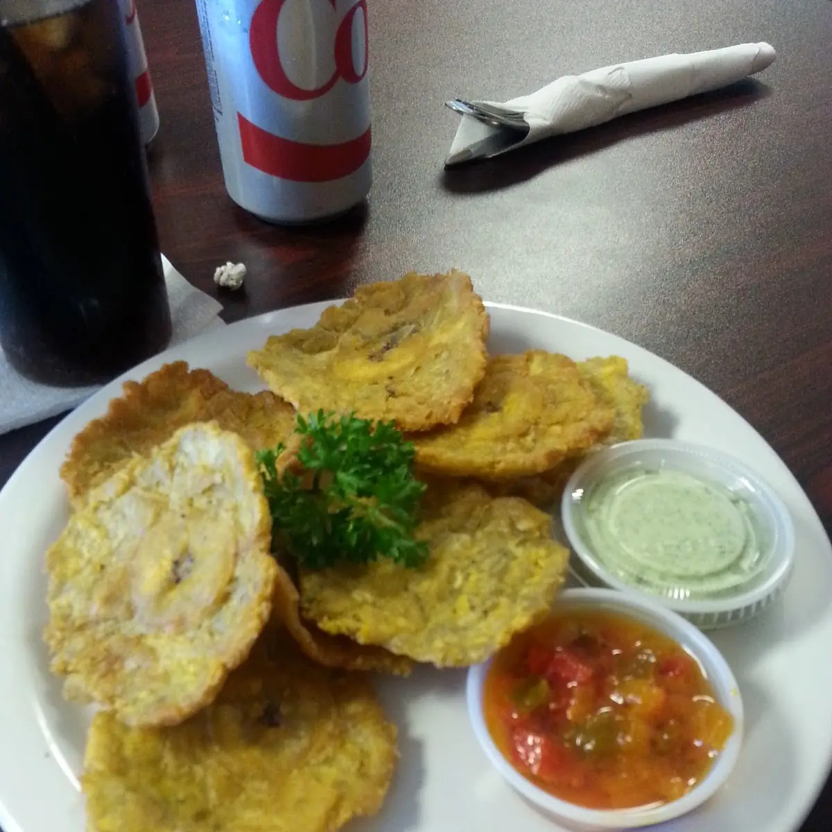 Tostones with Salsa and Avacado Garlic Sauce