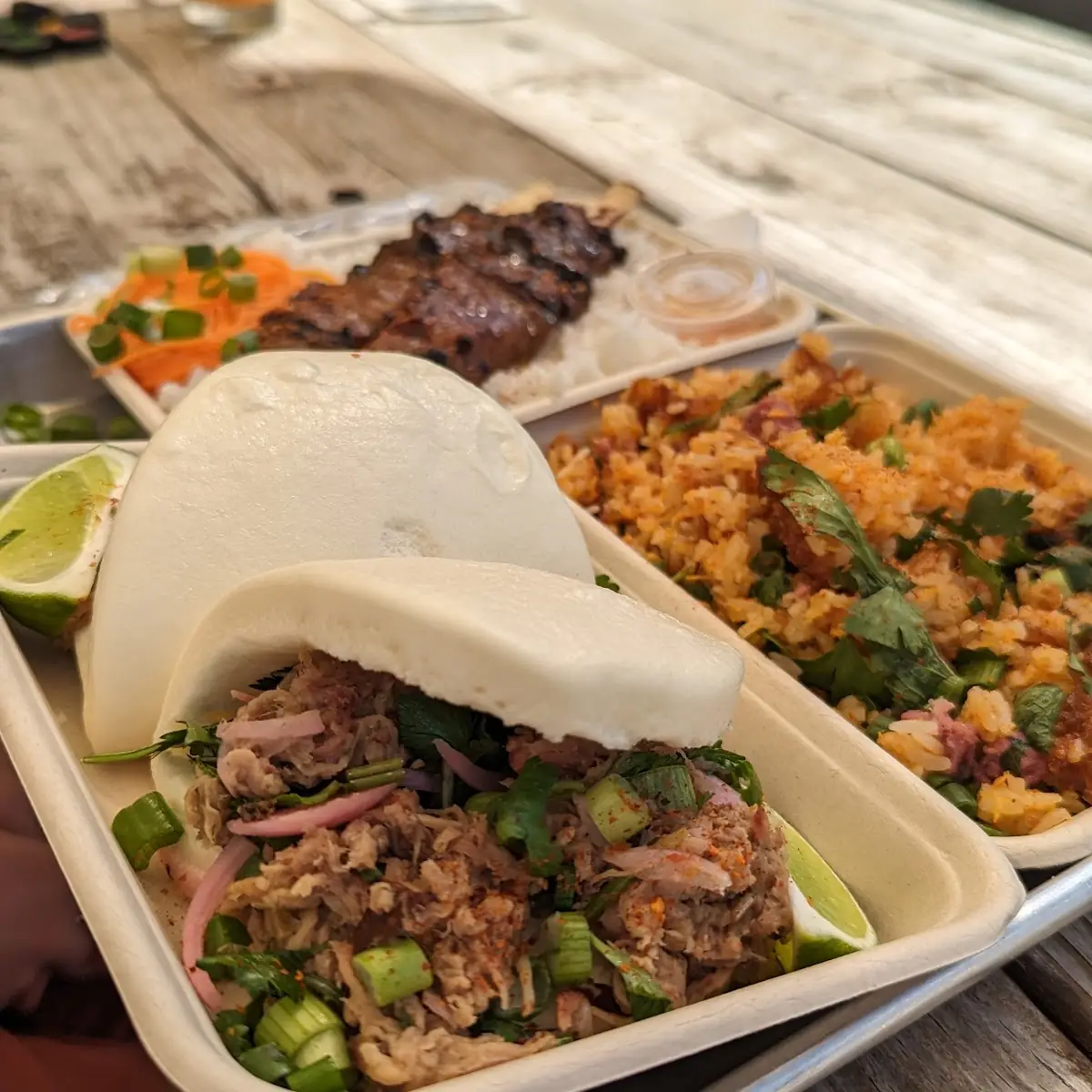 Pork Bao Crispy Rice and Beef Skewers