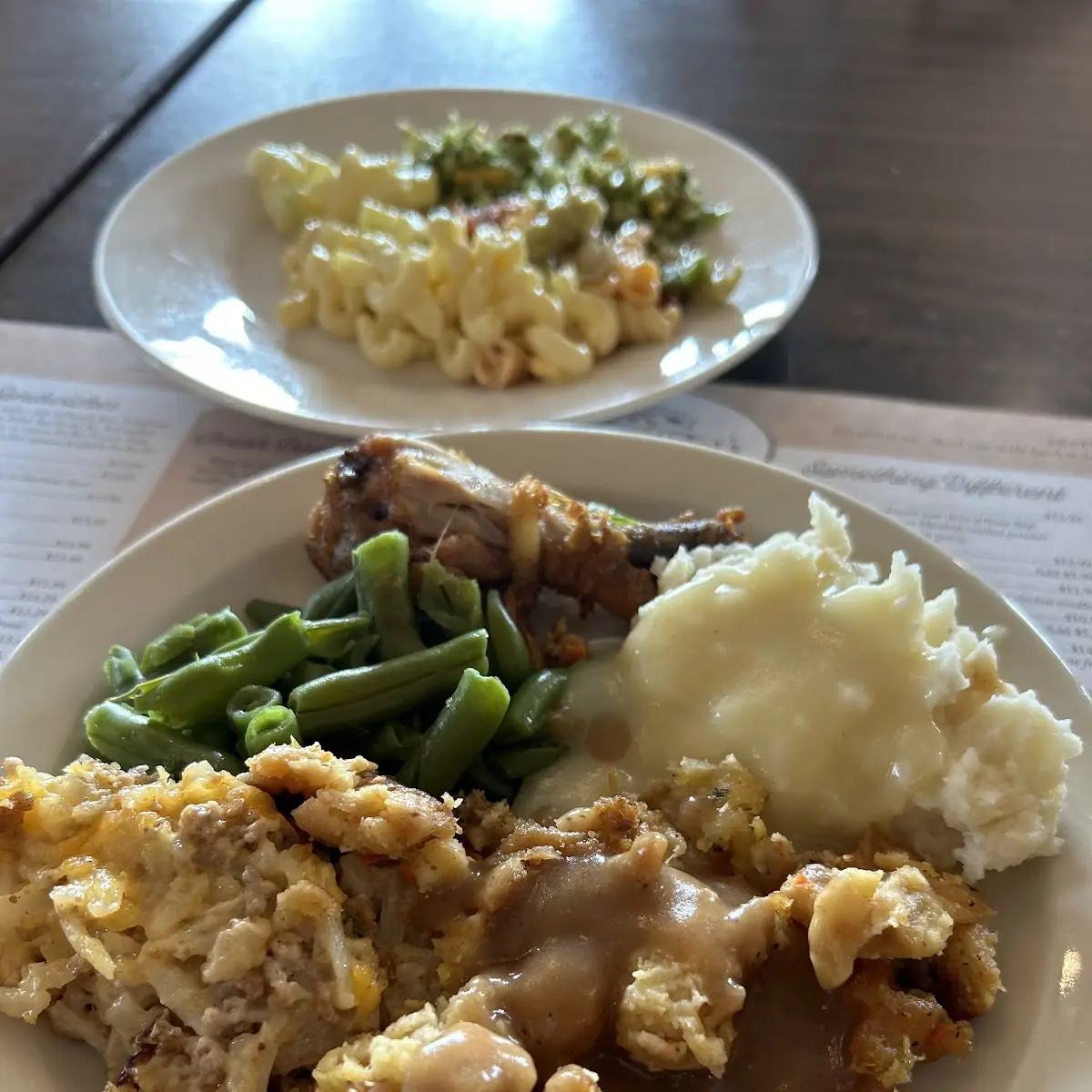 Broasted Chicken Mashed Potatoes & Stuffing w Gravies Green Beans & Hashbrown Casserole