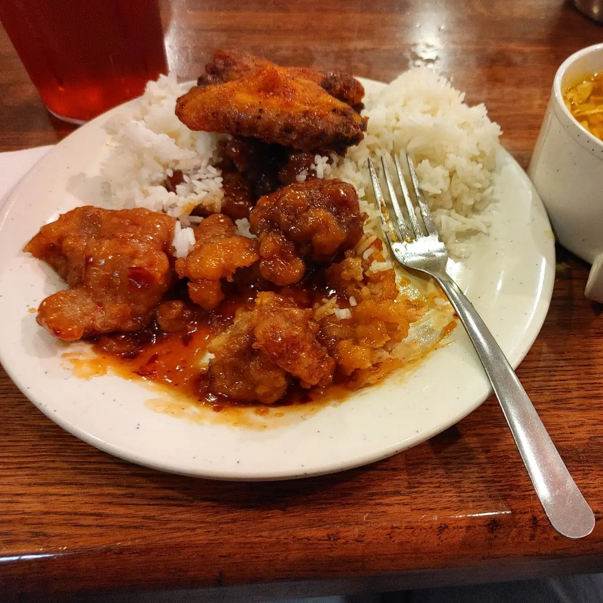 General TSO's Chicken with White Rice and Egg Drop Soup
