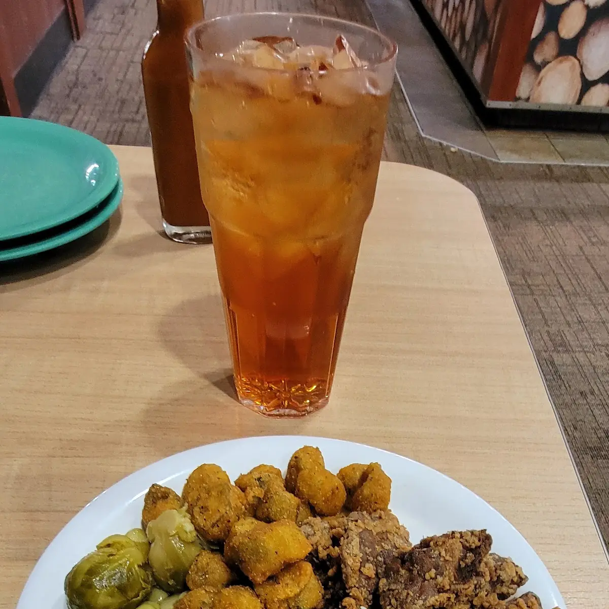 Chicken Livers Fried Okra Mashed Potatoes Brussel Sprouts and Lime Beans