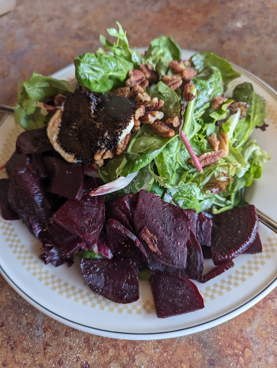 Grilled Beet Salad with Candy Spiced Pecans & Seared Goat Cheese Served over Arugula & Field Greens