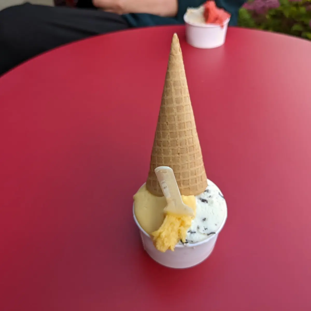 Small Mango Champagne and Stracciatella with a Sugar Cone