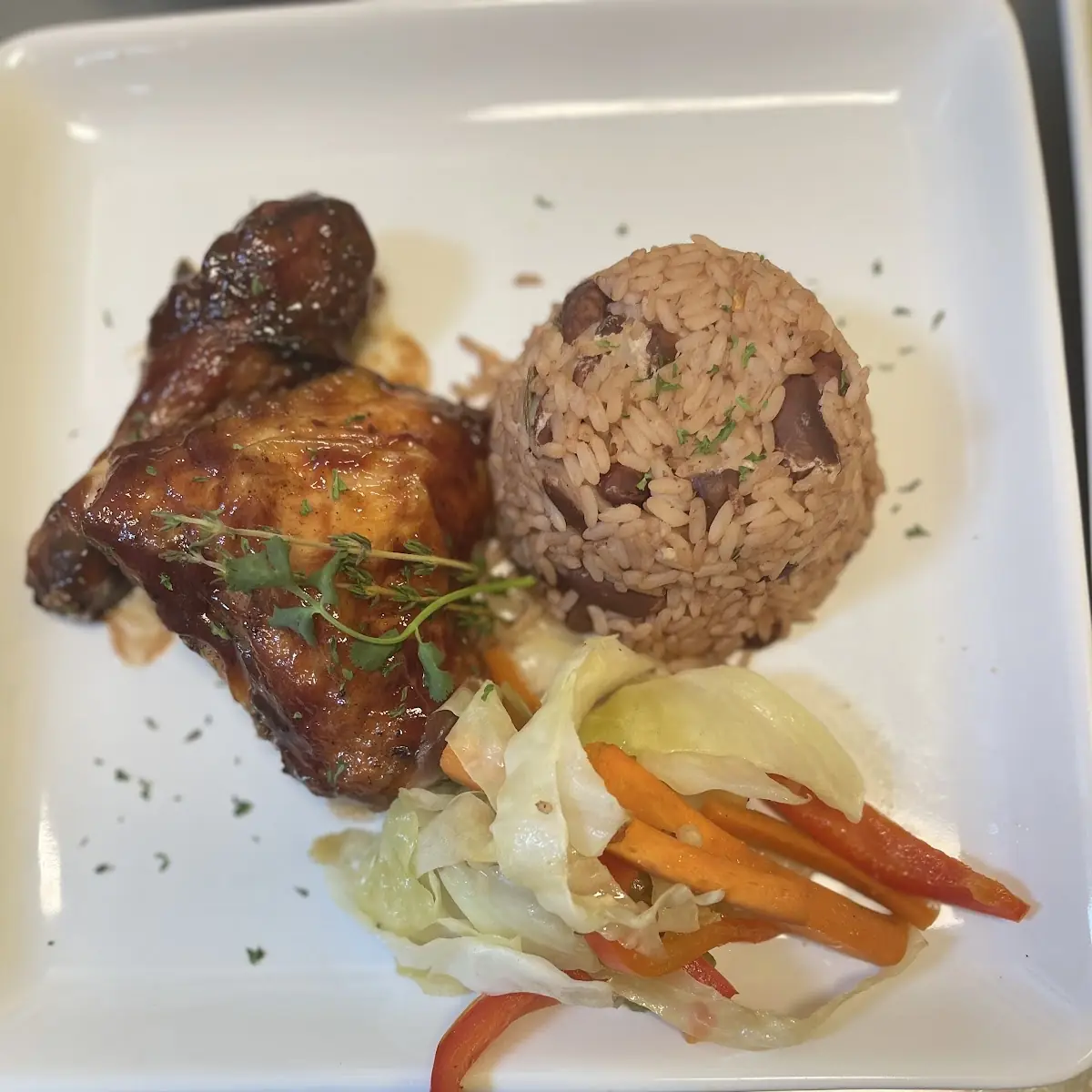 BBQ Chicken Rice and Peas with Steamed Veggies