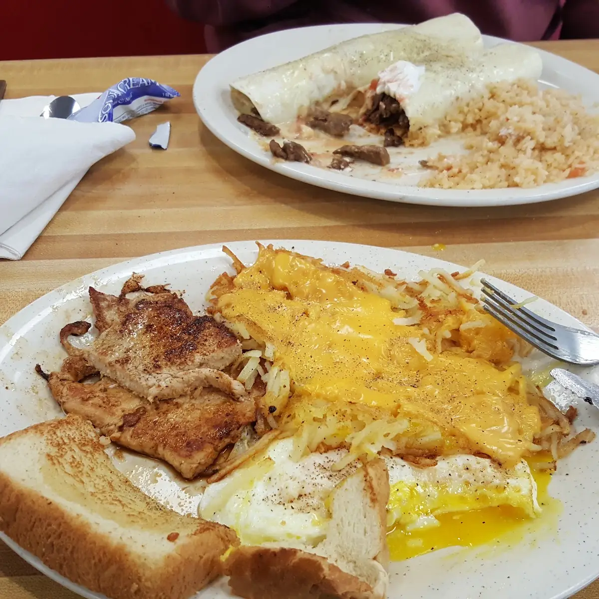 Number Three Pork Chop Centers Eggs Hash Browns with Cheese Toast