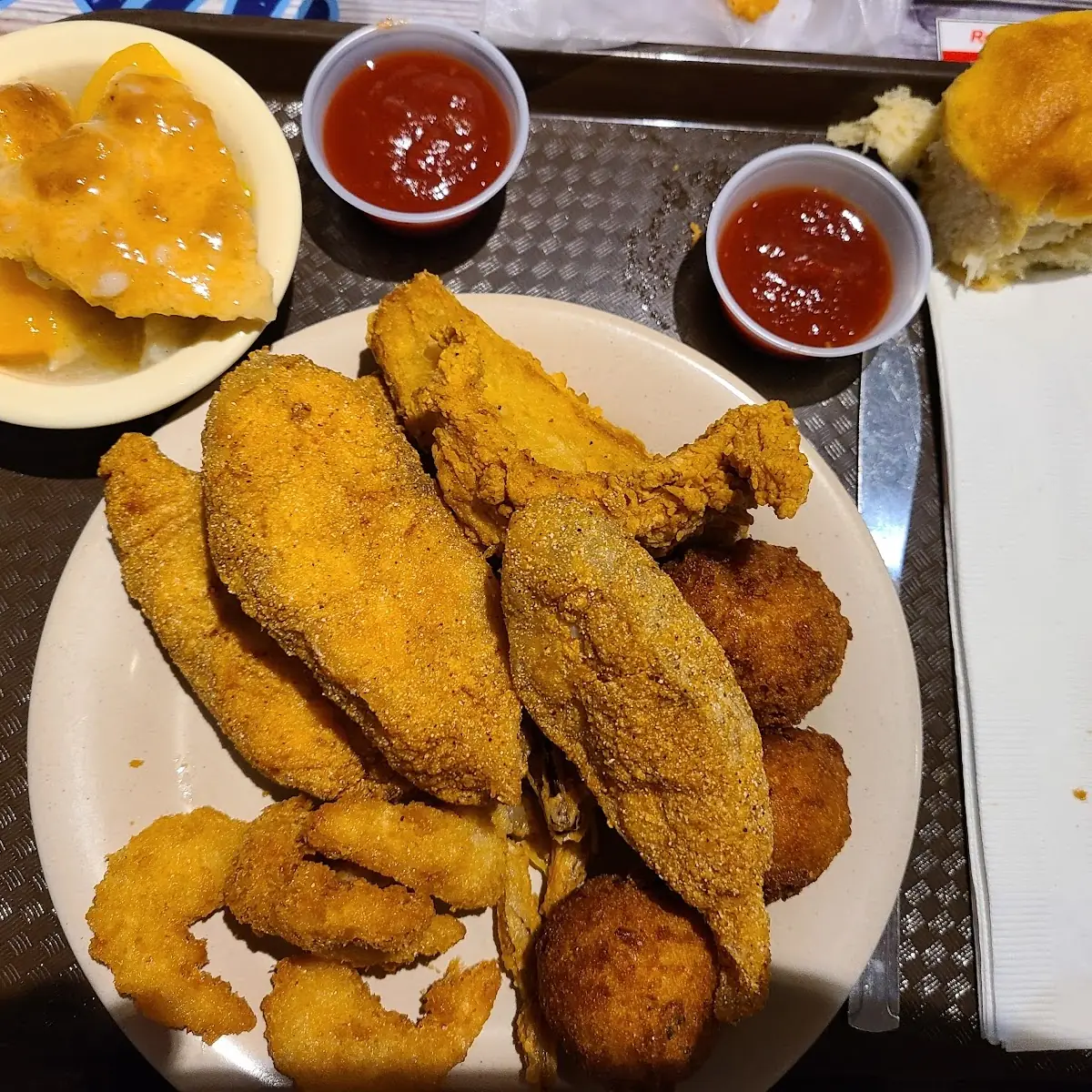 Catfish Steaks Fried Shrimp and Fried Chicken Strips