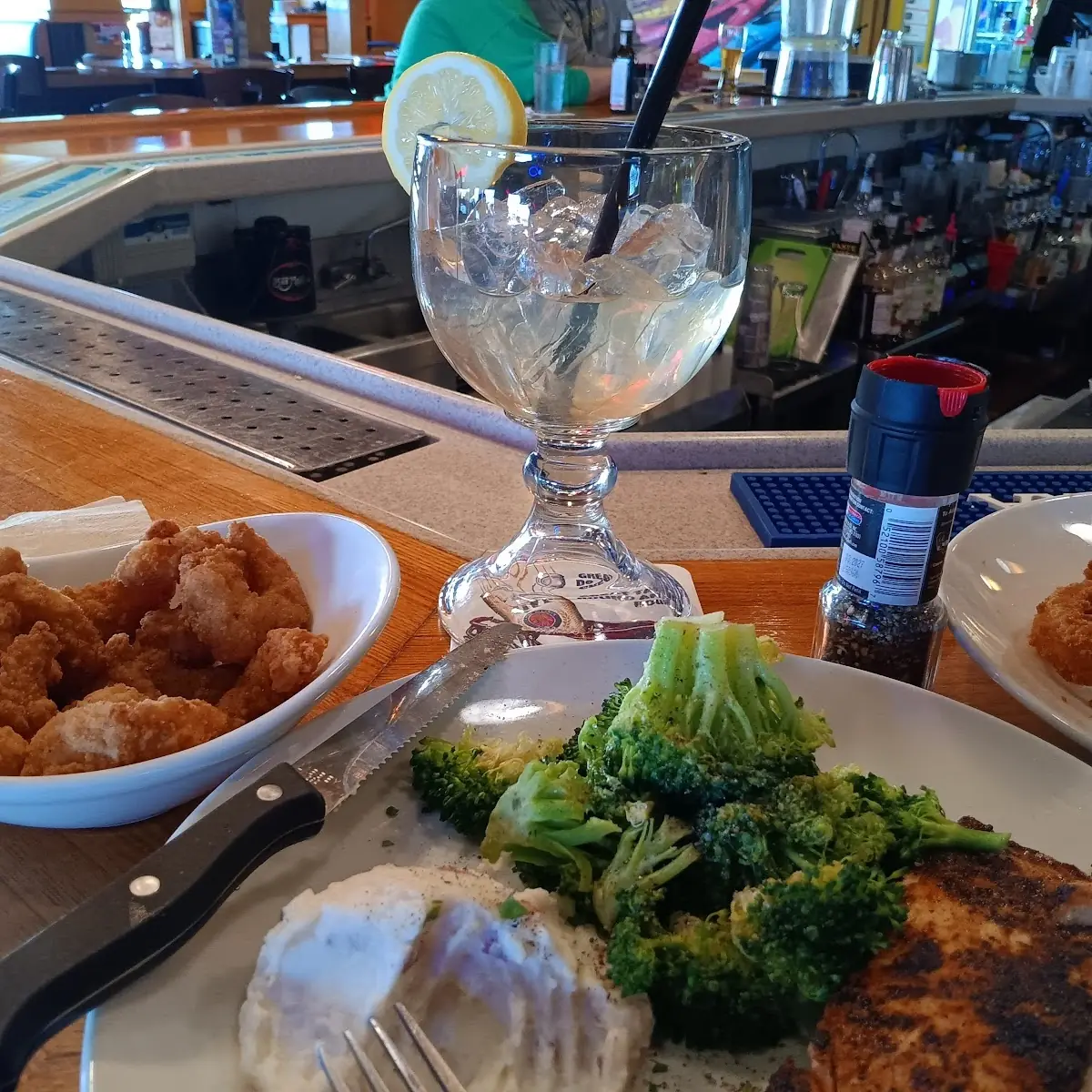 Baked Salmon Mashed Potatoes Broccoli Fried Shrimp