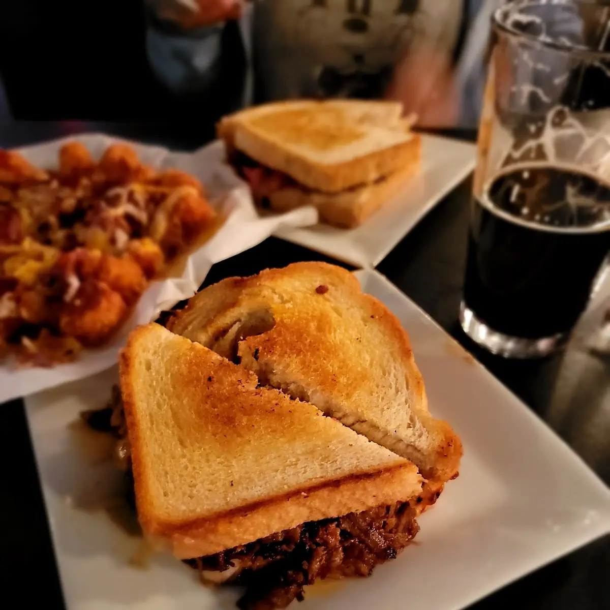 Pulled BBQ Pork Crispy Fried Shallot Sharp Cheddar on Rye