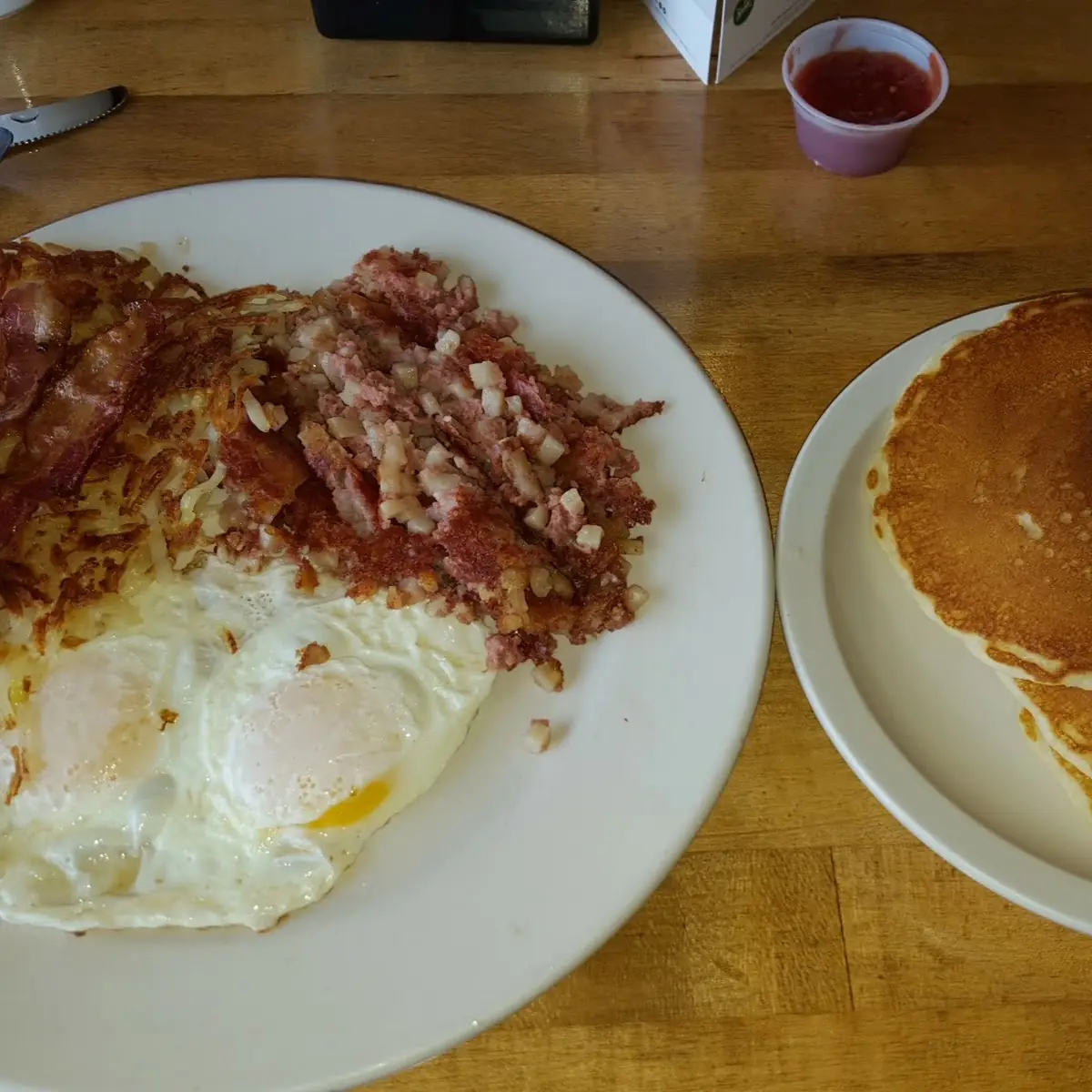 Corned Beef Hash Eggs Pancakes and Crispy Hash Browns