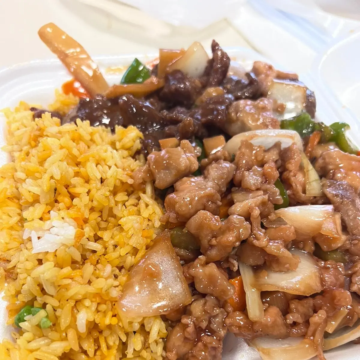Fried Garlic Chicken and Pepper Steak